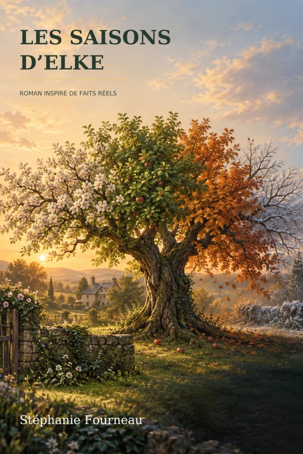 Couverture du roman Les saisons d'Elke : un vieux pommier dont la ramure traverse les quatre saisons, devant une maison de campagne au soleil couchant.